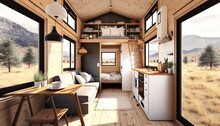 Tiny House Interior With Warm Wooden Decor, Light And Airy, AI Generative