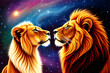Artistic 3d illustration of a galaxy art of two lions kissing