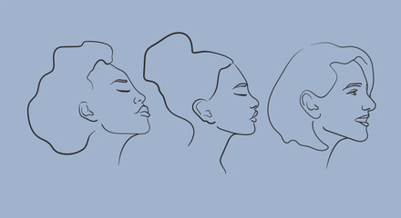 Canvas Print - Faces profile of a girls in line-art style on a blue background. Woman faces outline. Makeup artist face template