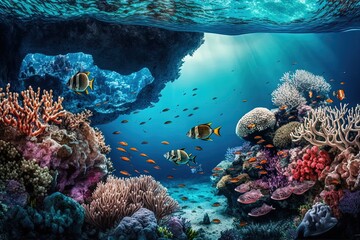 Canvas Print - an underwater scene with corals and tropical fish, generative AI