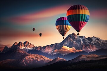 three hot air balloons flying over a mountain range, generative AI