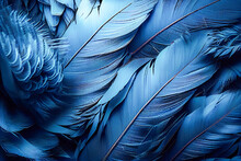 Background Of Blue Feathers Close-up Top View. Generative AI
