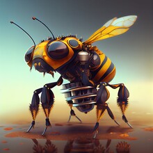 Generative AI, Robot Cyborg Bee, Concept Blockchain And Technology Networks, Yellow Mechanical Insect. Steampunk Cyberpunk Style, Artificial Intelligence