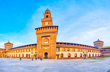 Poster - Panorama of Piazza d'Armi with Torre del Filarete tower of Sforza's Castle in Milan, Italy