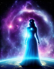 Wall Mural - universe meta human goddess spirit silhouette on galaxy space background, new quality colorful spiri