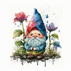 Wall Mural - Sad garden gnome under rain with flowers isolated on white, watercolor Generative AI illustration 