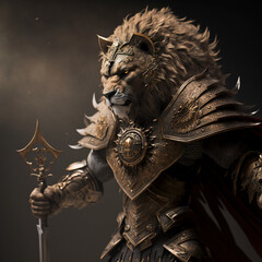 warrior in lion-shaped armor raising sword, Generative Ai