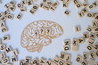 © kittyfly - silhouette of brain, word IQ, wooden letters, intelligence quotient on wooden background, quantitative indicator expressing success, concept of level of mind, intellectual achievements testing
