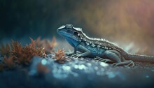  A Blue And Black Lizard Sitting On A Rock In The Water.  Generative Ai
