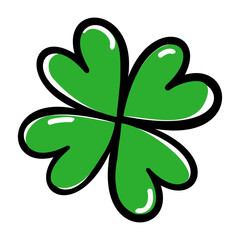 Four leaf clover doodle. Black outline and green silhouette shamrock. Hand drawn St. Patric's day symbol. Vector illustration isolated on transparent background