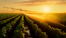 Irrigation System On Agricultural Soybean Field, Rain Gun Sprinkler On Helps To Grow Plants In The Dry Season, Increases Crop Yields. Landscape Beautiful Sunset. Generative AI