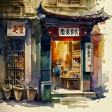 Fototapeta  - Watercolor painting of a traditional Chinese shop in a bustling quarter, Generative AI