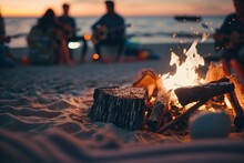 Flames Roar As People Gather Around A Beautifully Colored Beach Bonfire, Roasting Marshmallows, Playing Guitar Amidst Intricate Bokeh, Thanks To Unreal Engine 5's Hyper-detailed Ultra-wide Angle And D