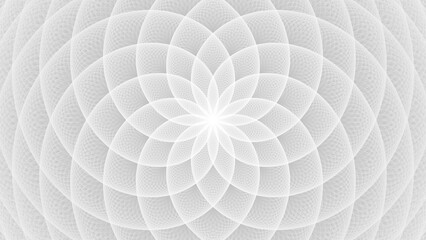 White abstract geometric flower wallpaper background. Elegant minimal subtle light grey shadow sacred geometry mandala packaging or display backdrop. Technology or luxury concept 3D fractal rendering.