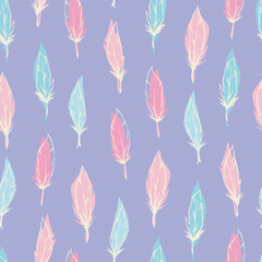 Wall Mural - Pastel Cute Feathers Seamless Vector Repeat Pattern