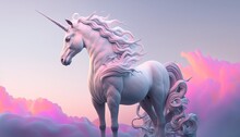 A Majestic Porcelain Unicorn, With A Flowing Mane Of Pastel Colors, Standing On The Surreal Vertical Plains. The Unicorn's Horn Emits A Glowing Aura That Illuminates The Surrounding Area Generative Ai