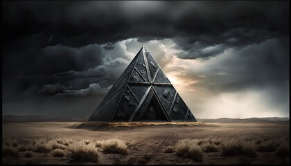 Poster - A massive black pyramid-shaped structure stands in the middle of the plains, towering over everything else. Its surface is covered in a shimmering silver metallic material generative ai