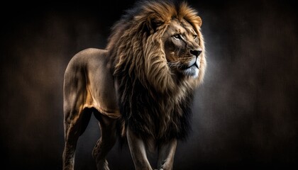 Wall Mural - majestic lion, king of the jungle, standing tall and proud. isolated on a black background. moody an