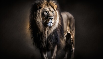 Wall Mural - majestic lion, king of the jungle, standing tall and proud. isolated on a black background. moody an