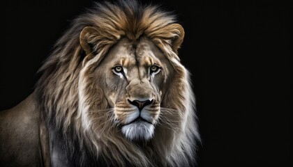 Wall Mural - Majestic Lion with piercing eyes isolated on a black background. The lighting highlights its fierce nature.  generative ai