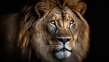Wall Mural - Majestic Lion with piercing eyes isolated on a black background. The lighting highlights its fierce nature.  generative ai