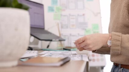 Canvas Print - Hands, planning and design with a business woman at work on a desk in her office on an application. Creative, designer and strategy with a female employee or entrepreneur working on app development