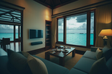 Luxury bungalow villa interior living room in tropical paradise maldives with view on crystal clear ocean.