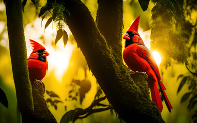 Wall Mural - Two red cardinal birds sitting on a tree in the jungle. Generative Al Illustration.