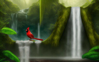 Wall Mural - A cardinal bird sitting next waterfall in the jungle. Generative Al Illustration.