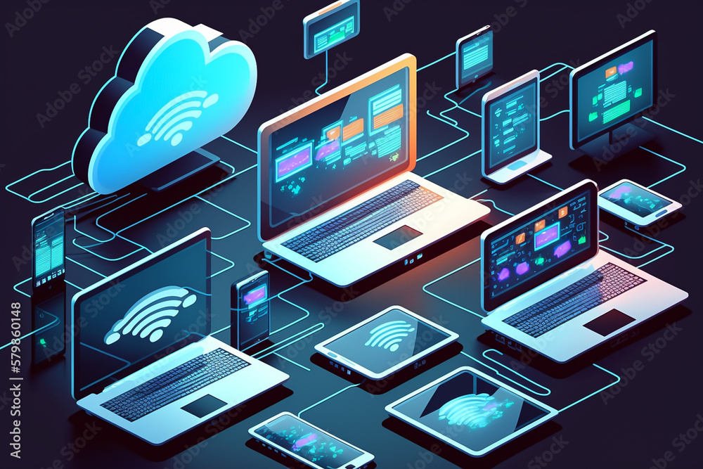 Cloud technology, computing. Devices connected to digital storage in the data center via the Internet, IOT, Smart Home Communication laptop, tablet, phone home devices with an online connection.