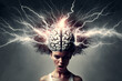 Brain with bright thunder light flashes, concept of triggered mind and creativity and brainstorming.