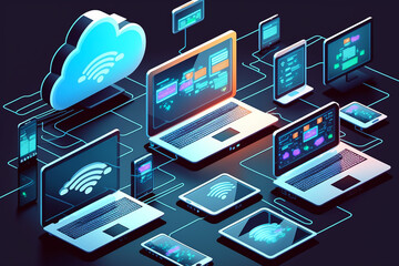 Wall Mural - Cloud technology, computing. Devices connected to digital storage in the data center via the Internet, IOT, Smart Home Communication laptop, tablet, phone home devices with an online connection.