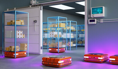 Poster - Refrigeration chamber for food storage. Warehouse autonomic robots carry goods industry.   3d rendering