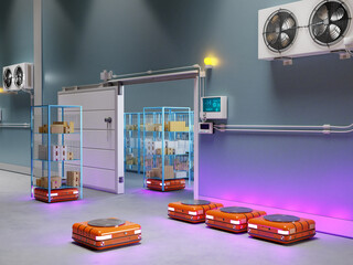 Poster - Refrigeration chamber for food storage. Self-driving carts sort goods in warehouse. AMR for storage. AMR technology. Warehouse robotics. logistics center  3d rendering