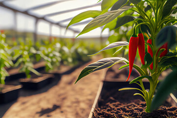 Wall Mural - Organic peppers growing in greenhouse created with AI