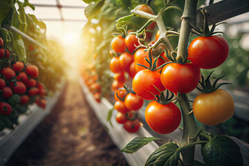 Wall Mural - Organic tomatoes growing in greenhouse created with AI