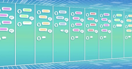 Poster - Animation of ai bot conversations on speech bubbles over servers on blue background