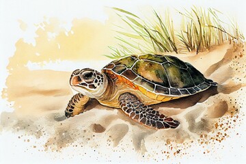 A sea turtle nesting on the beach, watercolor style. Generative AI