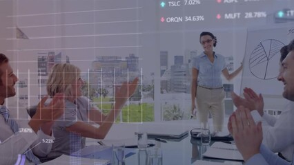 Poster - Animation of data processing over diverse businesspeople clapping for a biracial woman at office