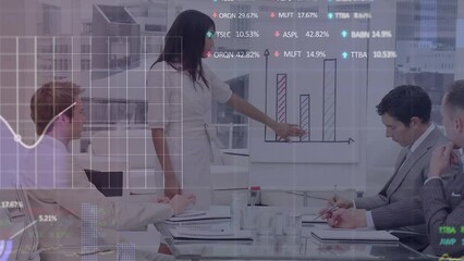 Poster - Animation of stock market data processing over biracial woman giving a presentation at office