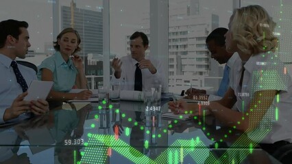 Poster - Animation of financial data processing over diverse businesspeople discussing together at office