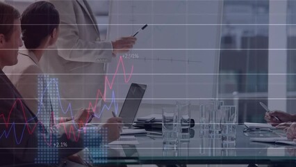 Poster - Animation of data processing over caucasian senior businessman giving a presentation at office