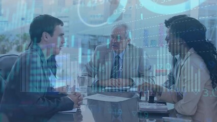 Poster - Animation of statistical data processing on diverse businesspeople high fiving each other at office
