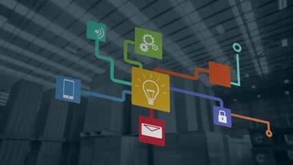 Poster - Animation of icons connected and forming flowchart over piled up cartons boxes in warehouse