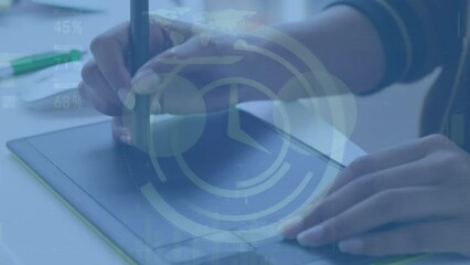 Poster - Animation of clock, infographic interface, cropped hands of caucasian woman using stylus on tablet
