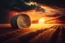 Golden Hay Field With Bales Of Hay And A Fiery Sunset On The Horizon, Concept Of Vibrant Colors And Rural Setting, Created With Generative AI Technology