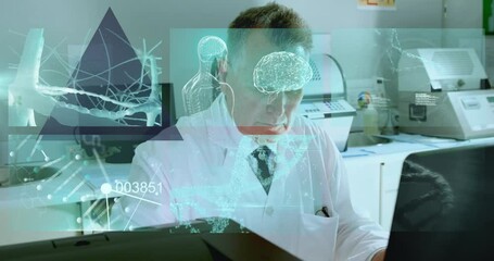 Poster - Animation of human body, brain, binary codes over caucasian male scientist working on computer