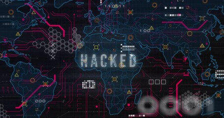 Poster - Animation of hacked text in circuit board pattern over map and binary codes on black background