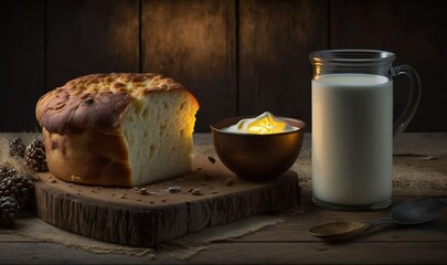 Poster -  a loaf of bread sitting on top of a cutting board next to a glass of milk.  generative ai