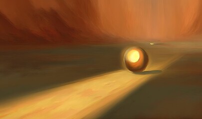 Poster -  a painting of a ball on a desert floor with a light coming from it.  generative ai